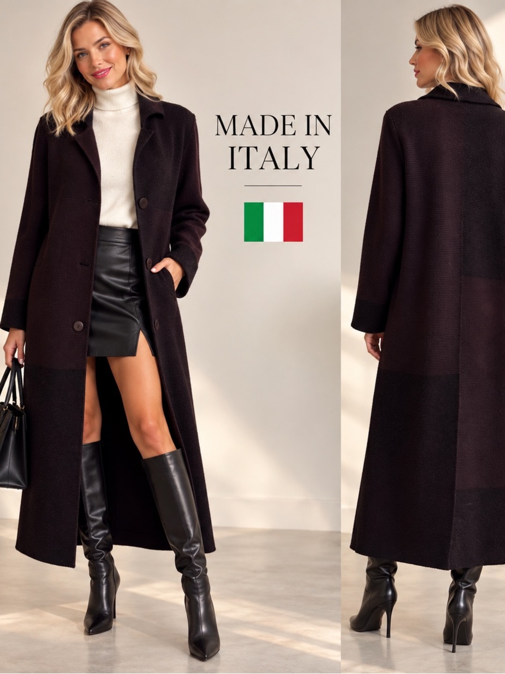 🇮🇹Merino Wool Blend Long Brown & Black Knit Coat size S Quiet Luxury Minimalist